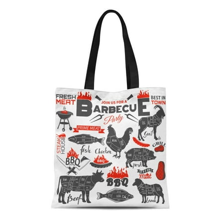 KDAGR Canvas Tote Bag Red Steak Bbq Vintage Party Meat Silhouette Butcher Fish Reusable Shoulder Grocery Shopping Bags