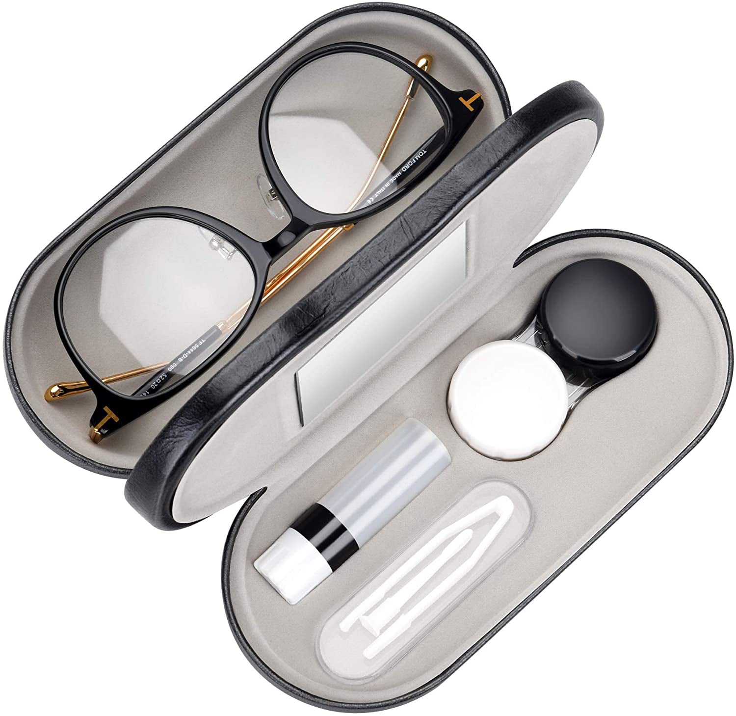 2 in 1 Double Sided Portable Contact Lens Case and Glasses Case,Dual Use Design with Built-in Mirror, Tweezer and Solution Bottle Included for Travel Kit
