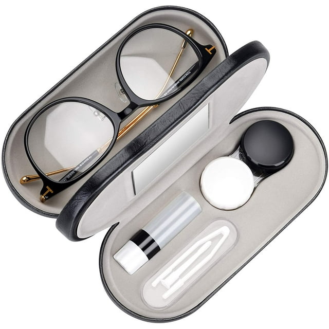 2 in 1 Double Sided Portable Contact Lens Case and Glasses Case,Dual Use Design with Built-in Mirror, Tweezer and Solution Bottle Included for Travel Kit