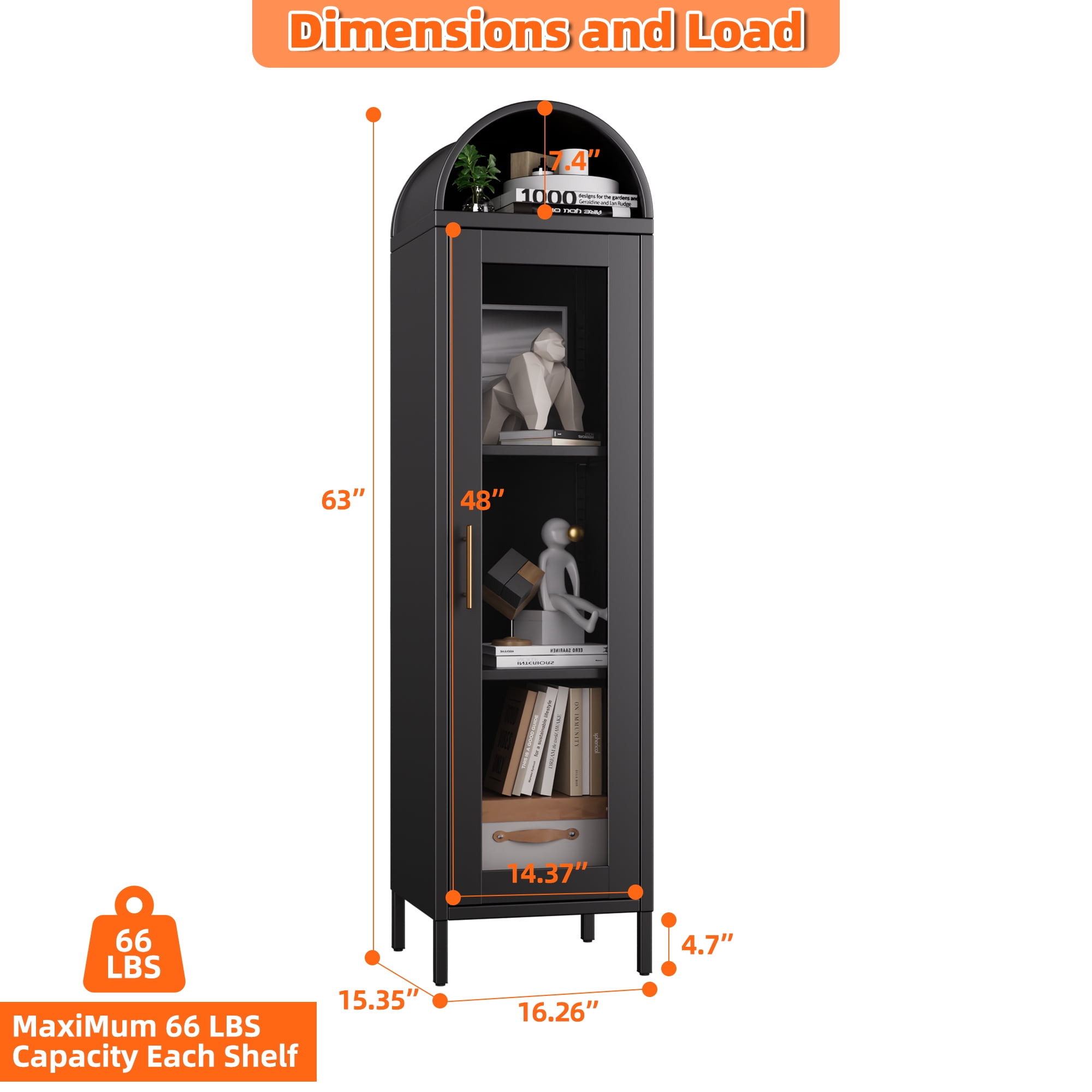 Aobabo Metal Arched Cabinet, Arch Display Bookcase with Glass Door and Shelves, Kitchen Pantry Cabinet for Dining Room, Home, Office, Study Room, Assembly Required,Black,15.35"D x 16.26"W x 63"H