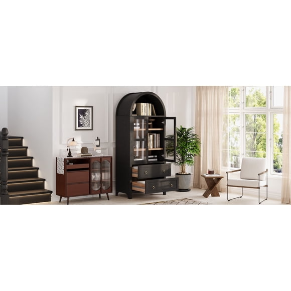 71" Tall Arched Kitchen Pantry Cabinet with 2 Large Drawers, Modern Farmhouse Kitchen Storage Cabinets with Adjustable Shelves, Glass Door, Wood Versatile Cupboard for Kitchens, Dining Room, Black