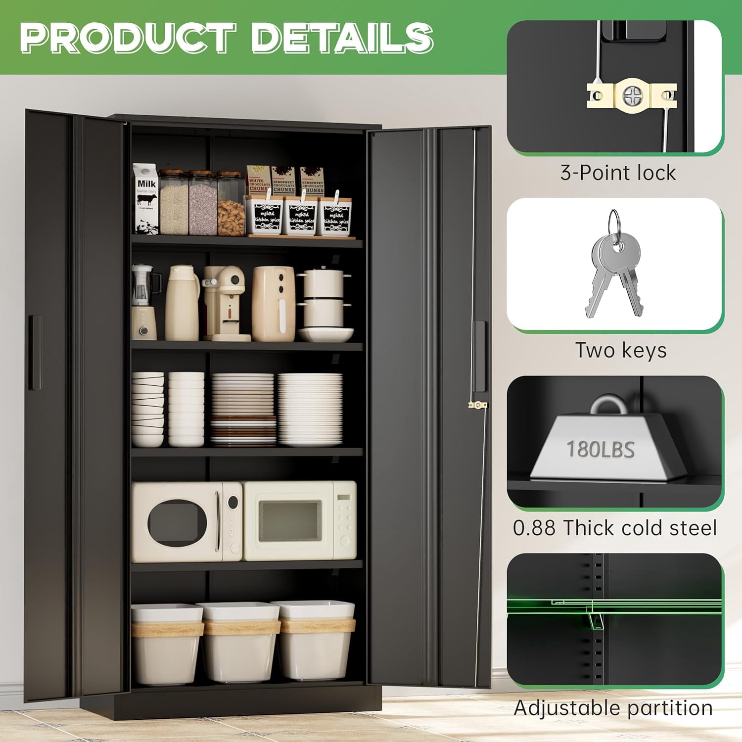 SOLAURA Garage Storage Cabinet, 71" H Metal Storage Cabinet with Locking Doors, Black Storage Lockers with Adjustable Shelves for Office, Home, and Garage
