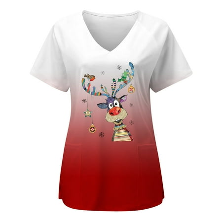 

Christmas Shirts for Women Cute Xmas Reindeer Snowman Print Basic Loose Short Sleeve Sweatshirt Vintge Going Out Pullover Scrub Tops with Pockets