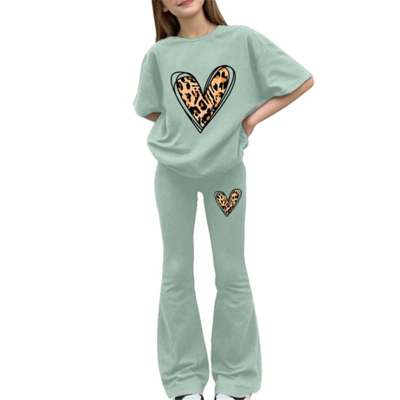 KVPLBQFD Girls Summer 2 Piece Outfit Heart Embellished Short Sleeve Top Stretchy Flared Pants Set for Teens Girl Fashion Vacation Travel Clothes