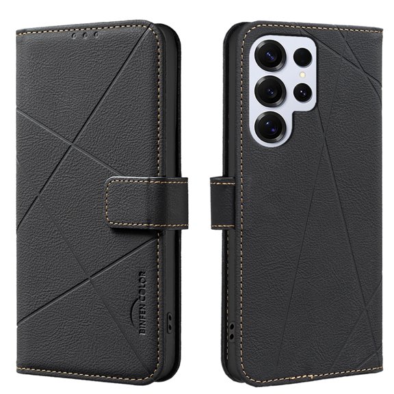 ELEHOLD Case for Samsung Galaxy S25 Ultra, RFID Blocking Leather Wallet Case, Flip Cover with Card Slots & Stand,Black