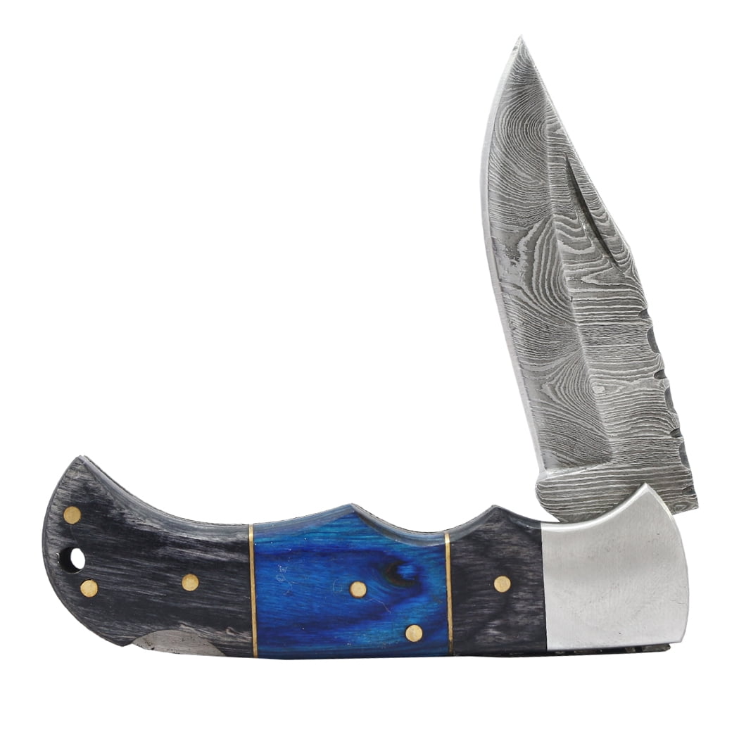 TheBoneEdge 6.5" Damascus Blade Folding Knife Black & Blue Wood Handle With Pouch
