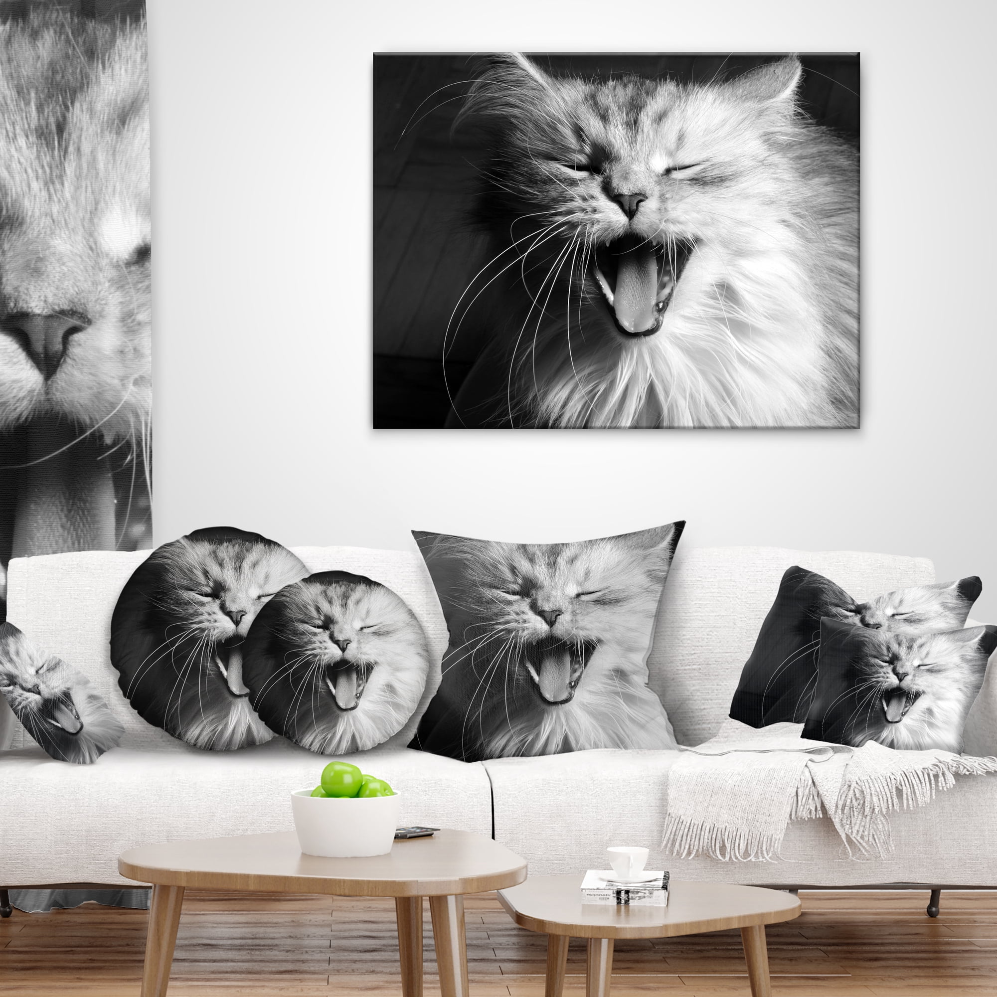 Designart Yawning White Cat - Animal Throw Pillow - 16x16