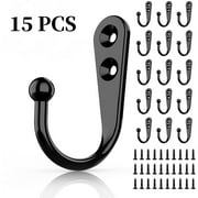 Rungopro 15 Pcs Black Wall Mounted Coat Hooks, Hanger Hook with 30 Pieces Screws for Hanging Hat, Towel, Key, Robe, Coats, Scarf, Bag, Cap, Coffee Cup, Mugs