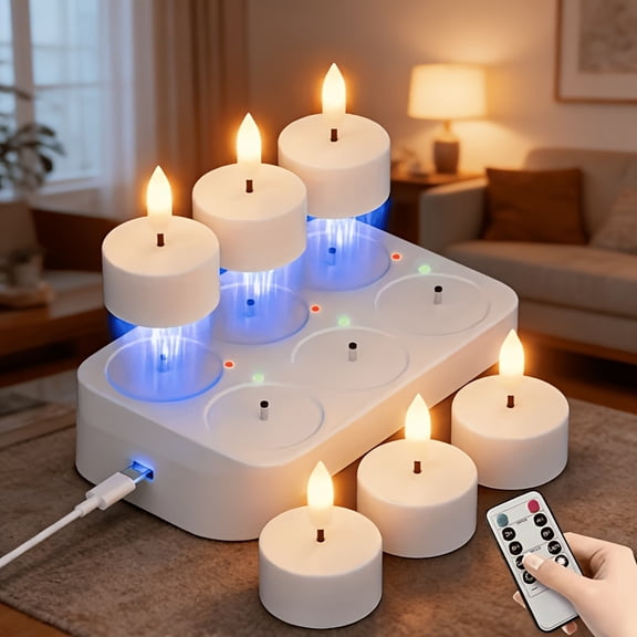 LED Tea Lights with Charging Base, Rechargeable Flameless Candles, White 6/12-Pack for Home