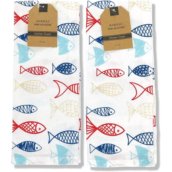 Serafina Home Summer Kitchen Dish Towel Set: Colorful School of Fish Design, Set of 2 (Ocean)