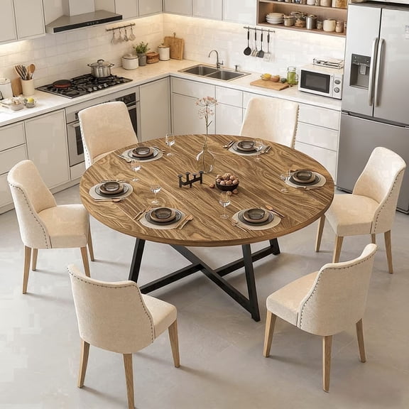 JassmiPkwy Round Dining Table for 4-8 People,Kitchen Dining Room Circle Dinner Pedestal Table,Space Saving Wood Kitchen & Dining Room Furniture (Brown, 59In)