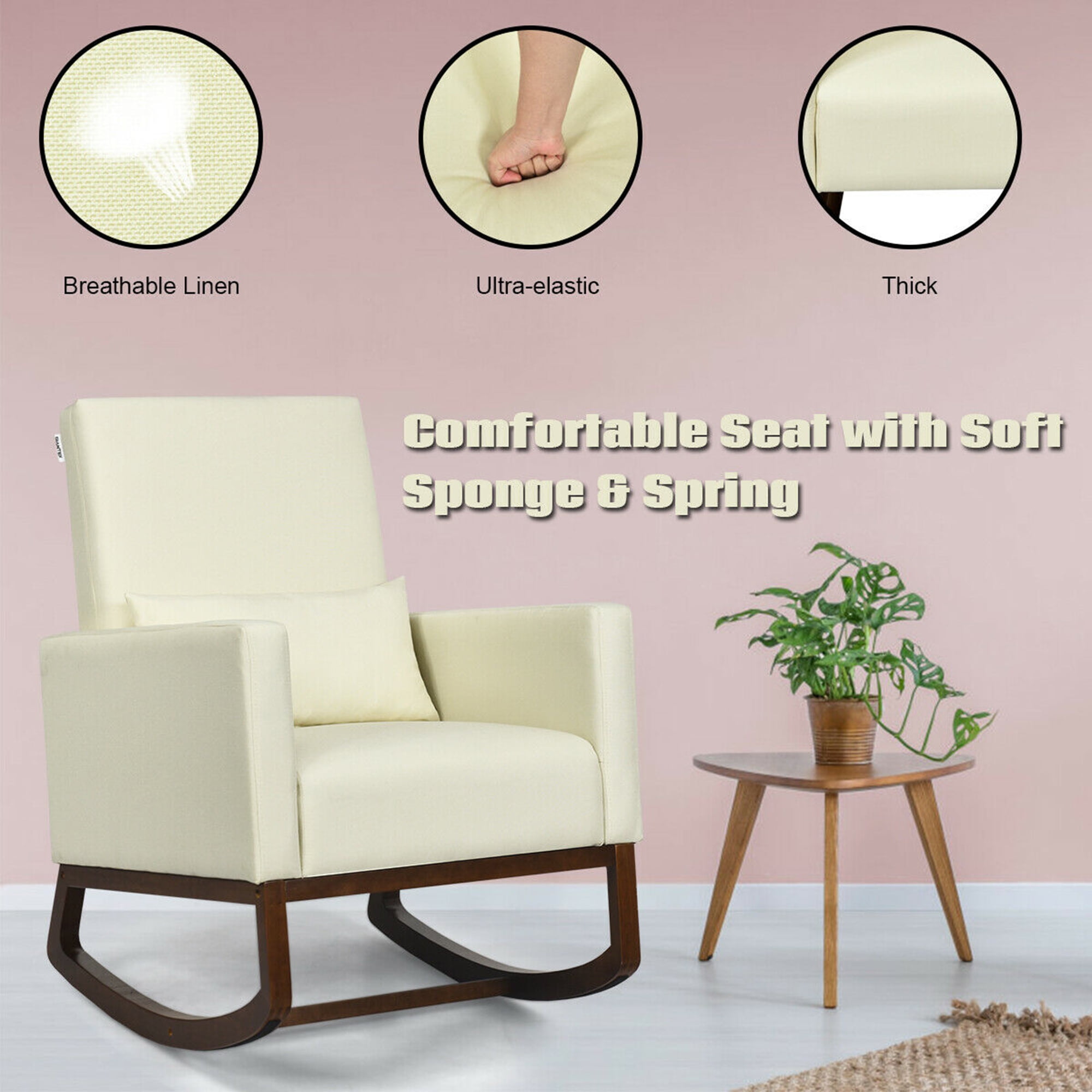 Gymax 2-in-1 Upholstered Rocking Chair Fabric Nursery Armchair with Pillow Beige
