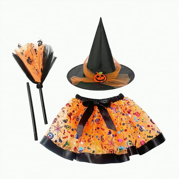 HCNTES Toddler Girls Witch Tutu Skirt Set with Hat & Broomstick 3 Pcs Dress Up Halloween Outfits 3 8Y(Gold&3,3-4 Years)