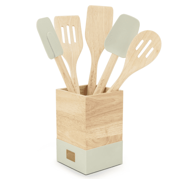 Thyme & Table 6-Piece Wood and Silicone Utensil Set. Mint Green