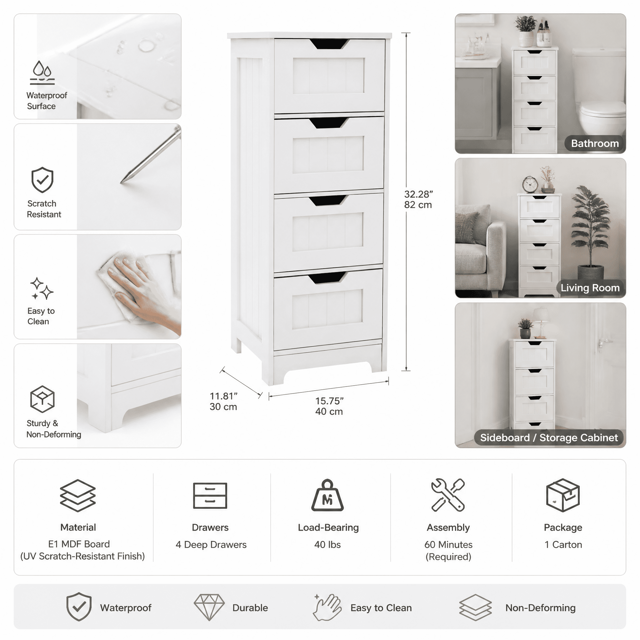 White Bathroom Storage Cabinet with 4 Deep Drawers, E1 MDF Construction, UV Scratch-Resistant Finish, Versatile Floor Cabinet for Bathroom Living Room
