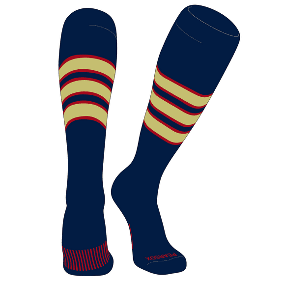 PEAR SOX Striped OTC Baseball, Softball, Football Socks (C) Navy, Red, Vegas Gold (XS)