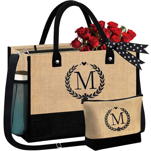 BEENLOVE Gifts for Women - Initial Jute Tote Bag & Makeup Bag, Valentines Day Gifts for Her Teacher Mom Wife Friend Birthday