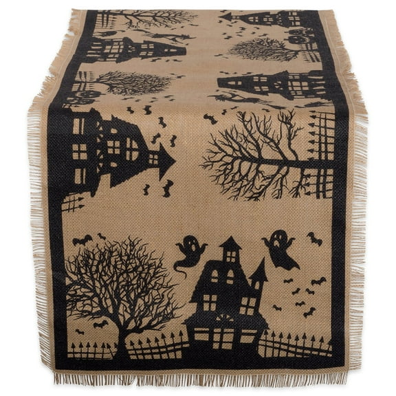 DII Halloween Primitive Style Burlap Tabletop Décor, Spooky Haunted House Jute, Table Runner, 14x113, Black & Tan Table Runner, 14x113"