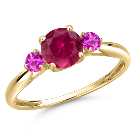 Gem Stone King 10K Yellow Gold Red Created Ruby and Pink Sapphire 3-Stone Ring for Women | 1.27 Cttw | Round 6MM | Gemstone July Birthstone | Size 7