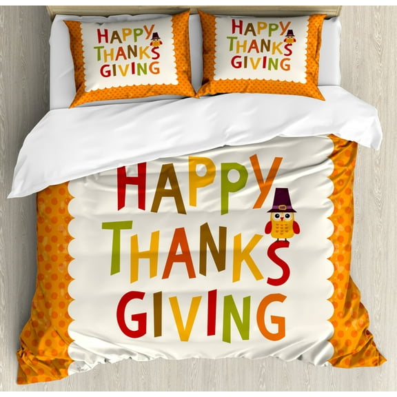 Kids Thanksgiving King Size Duvet Cover Set, Little Owl with Pilgrims Hat Celebratory Phrase and Polka Dots, Decorative 3 Piece Bedding Set with 2 Pillow Shams, Orange Multicolor, by Ambesonne