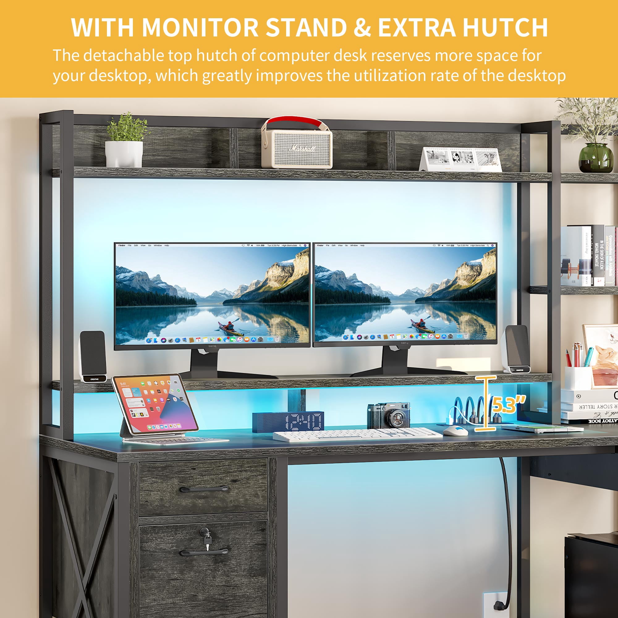 Uforic Computer Desk with Hutch& Led Light, Gaming Desk with Power Outlets, Home Office Desk, Gray
