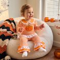 thumbnail image 3 of RUINIXCW Toddler Baby Girl Halloween Outfit Infant Girl Fall Winter Clothes Striped Pumpkin Penter Pan Collar Long Sleeve Shirt Tops Flare Pants Set, 3 of 9