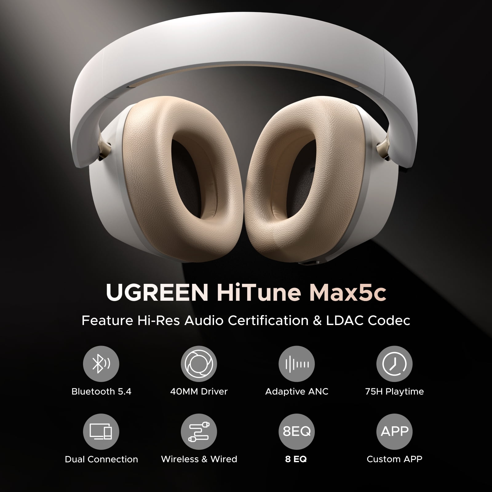 UGREEN Max5 C Noise Cancelling Over-Ear Headphones, Bluetooth 5.4, 75 Hours Playtime, White