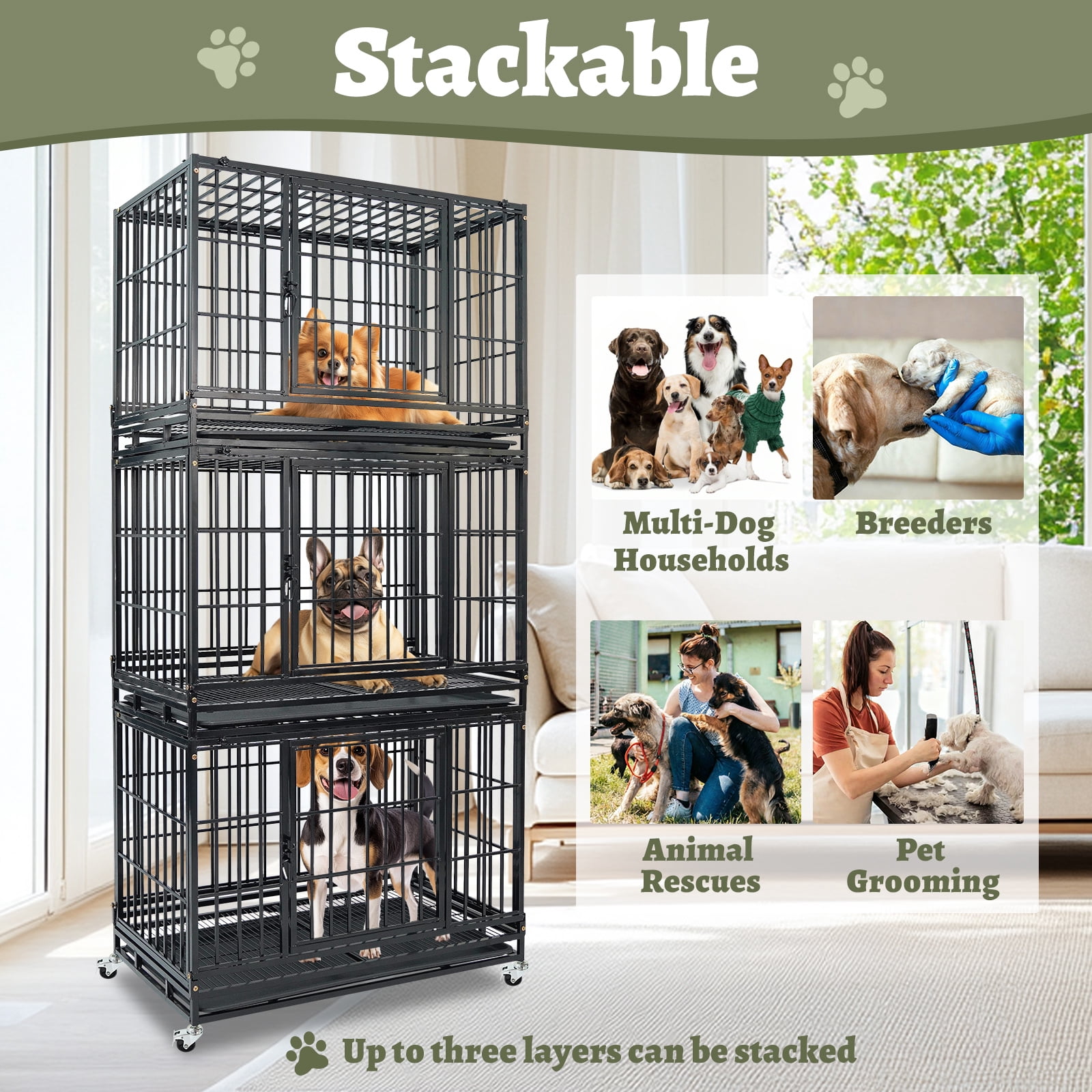 Homey Pet Stackable 36 Inch Dog Crate, Heavy Duty Dog Cage Escape Proof Collapsible Kennel with Open Top, Lockable Wheels, Removable Tray & Grid for Medium/Small Dogs