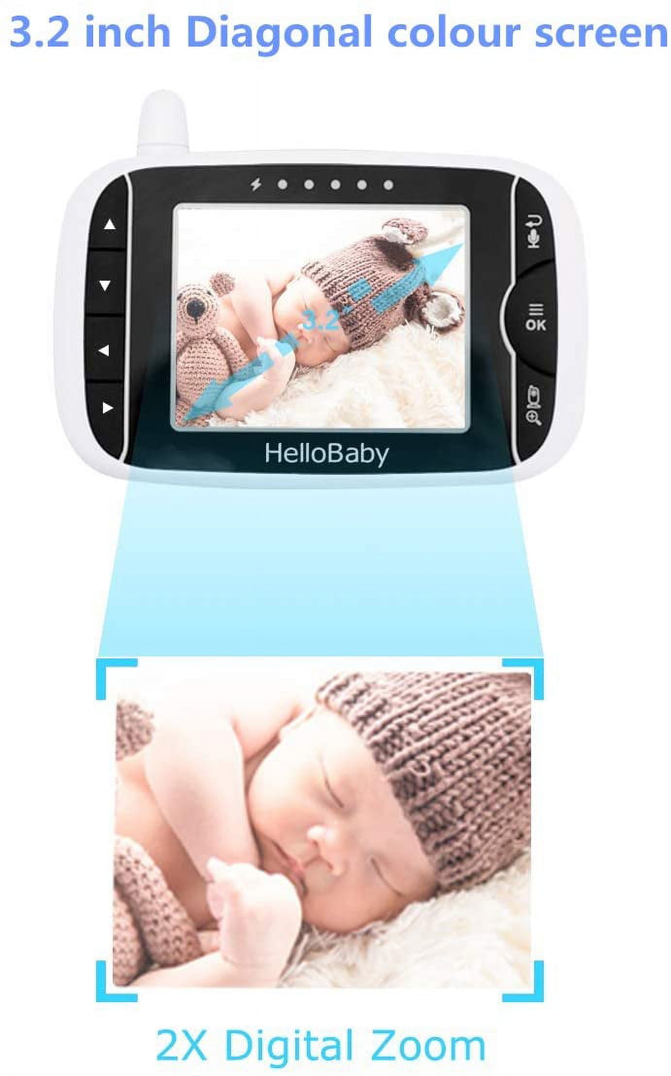 HelloBaby Monitor de video para bebés con cámara remota Pan-Tilt-Zoom,  pantalla LCD a color de 3.2 pulgadas, visión nocturna por infrarrojos,  pantalla de temperatura, canción de cuna, audio : Bebés 