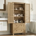 thumbnail image 4 of Homfa Bathroom Cabinet with Rattan Doors, Rattan Linen Storage Cabinet with 2 Drawers, Oak, 4 of 8