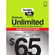 Straight Talk $65 Platinum Unlimited + Mobile Protect 30-Day Prepaid Plan + 20GB Mobile Hotspot + International Calling e-PIN Top Up (Email Delivery)