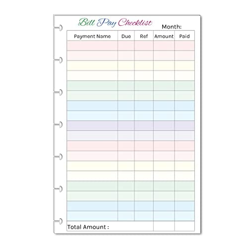 Monthly Bill Pay Checklist Inserts Budget Planner for 7 Disc Planners