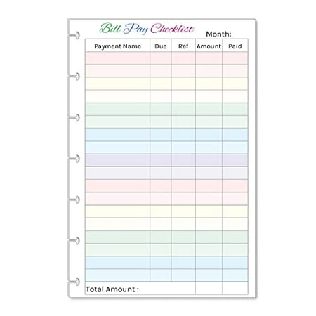 Monthly Bill Pay Checklist Inserts Budget Planner for 7 Disc Planners