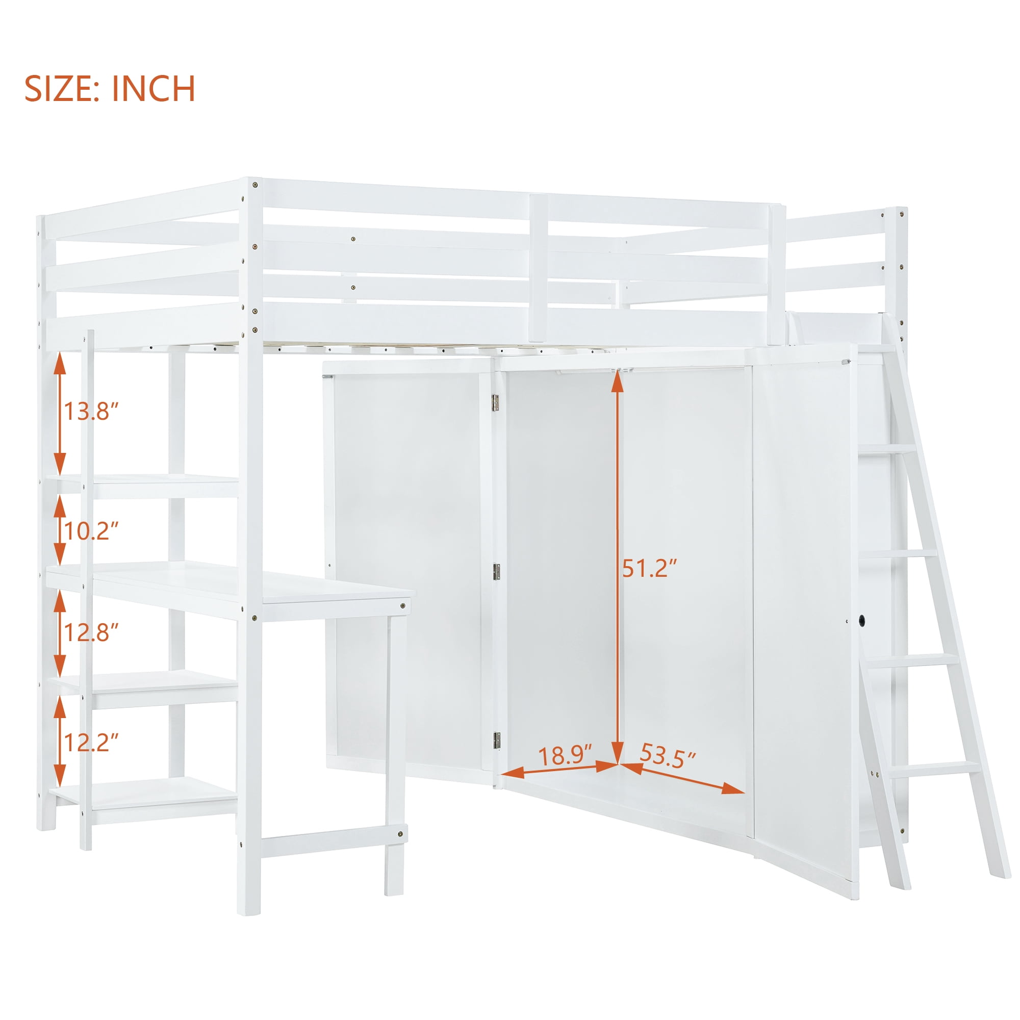 Aukfa Loft Bed with Wardrobe, Wood Full Size Loft Bed with Desk and Shelves for Kids Adults - White