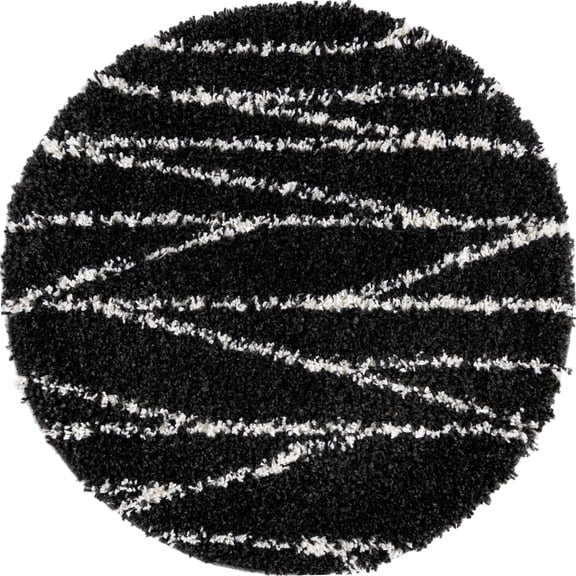 Rugs.com Serenity Shag Collection Rug – 3 Ft Round Black And White Shag Rug Perfect For Kitchens, Dining Rooms