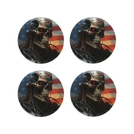 

Fuzoiu Cyberpunk Skull American Flag Print Leather Coasters Set Drink Coasters Set of 4 for Tabletop Protection Durable PVC Coasters Home Décor and Housewarming Gift-Round Shape