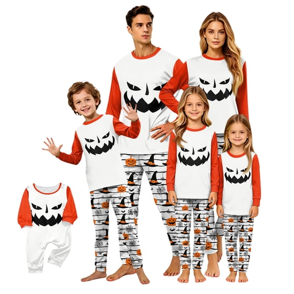 Halloween Pajamas, Halloween Matching Family Pajamas White Holiday Print Long Sleeve Two Piece Pajama Set Soft Sleepwear Nightwear Loungewear Winter Festive Family Pictures