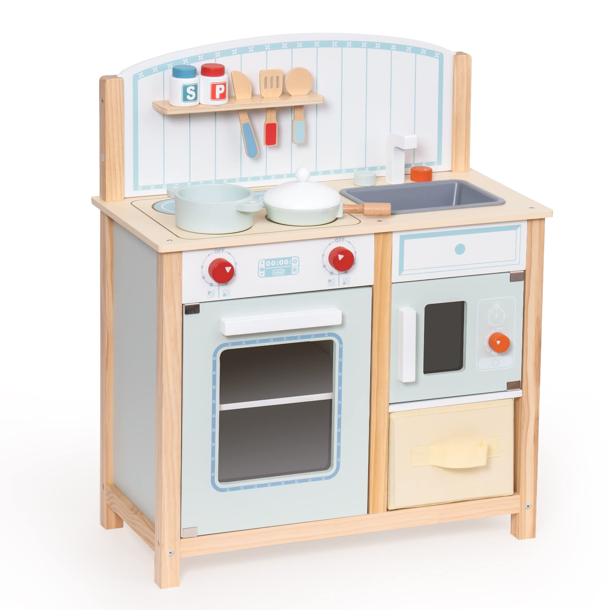 Robud Pretend Play Kitchen Wooden set with Storage Bin,Gift for Toddlers Ages 3+,Blue Walmart.com