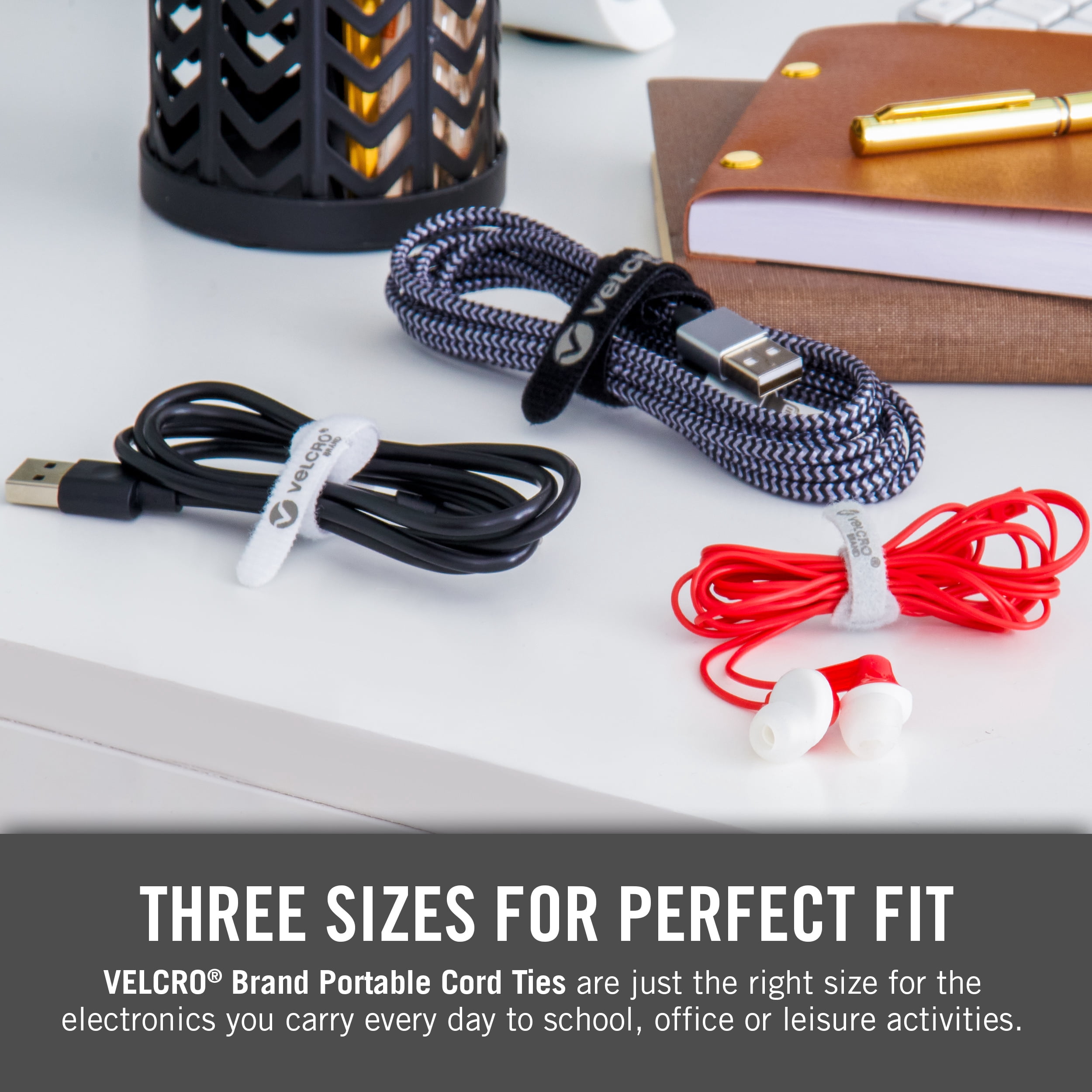 VELCRO Brand Portable Cord Ties | Organize Headphone Wires, Charging Cables, Power Cords in Backpacks Briefcases and Travel Bags | 3 Sizes and Colors, 36 pc Bulk Pack, 36pk Cord Ties