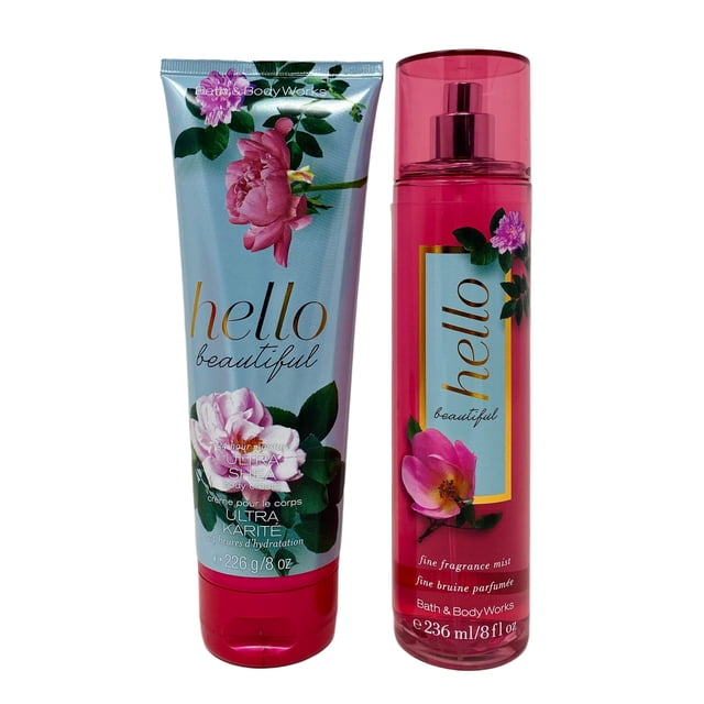 set de regalo bath & body works hello beautiful fragrance 2020 sellado con crema corporal Ultra Karité 8 oz y bruma fina de fragancia 8 oz, envases multicolor con etiquetas florales de gardenia, jazmín y magnolia, tamaño completo, apto para piel normal y uso corporal diario; también suele usarse como regalo de ocasión.