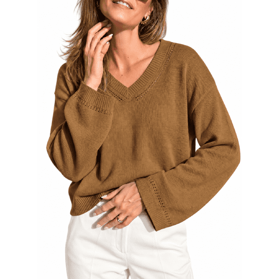 DOKOTOO Sweaters for Women V Neck Long Sleeve Crochet Knit Pullover Lightweight Sweater Drop Shoulder Casual Fall Winter Tops S-2XL