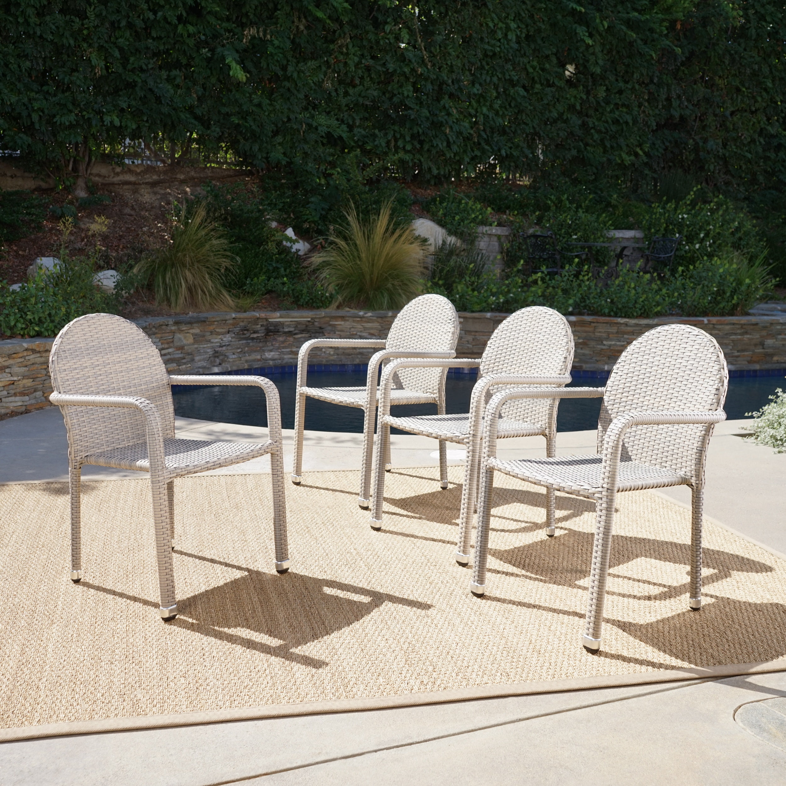 Ashley Outdoor Wicker Armed Stack Chairs with an Aluminum Frame, Grey