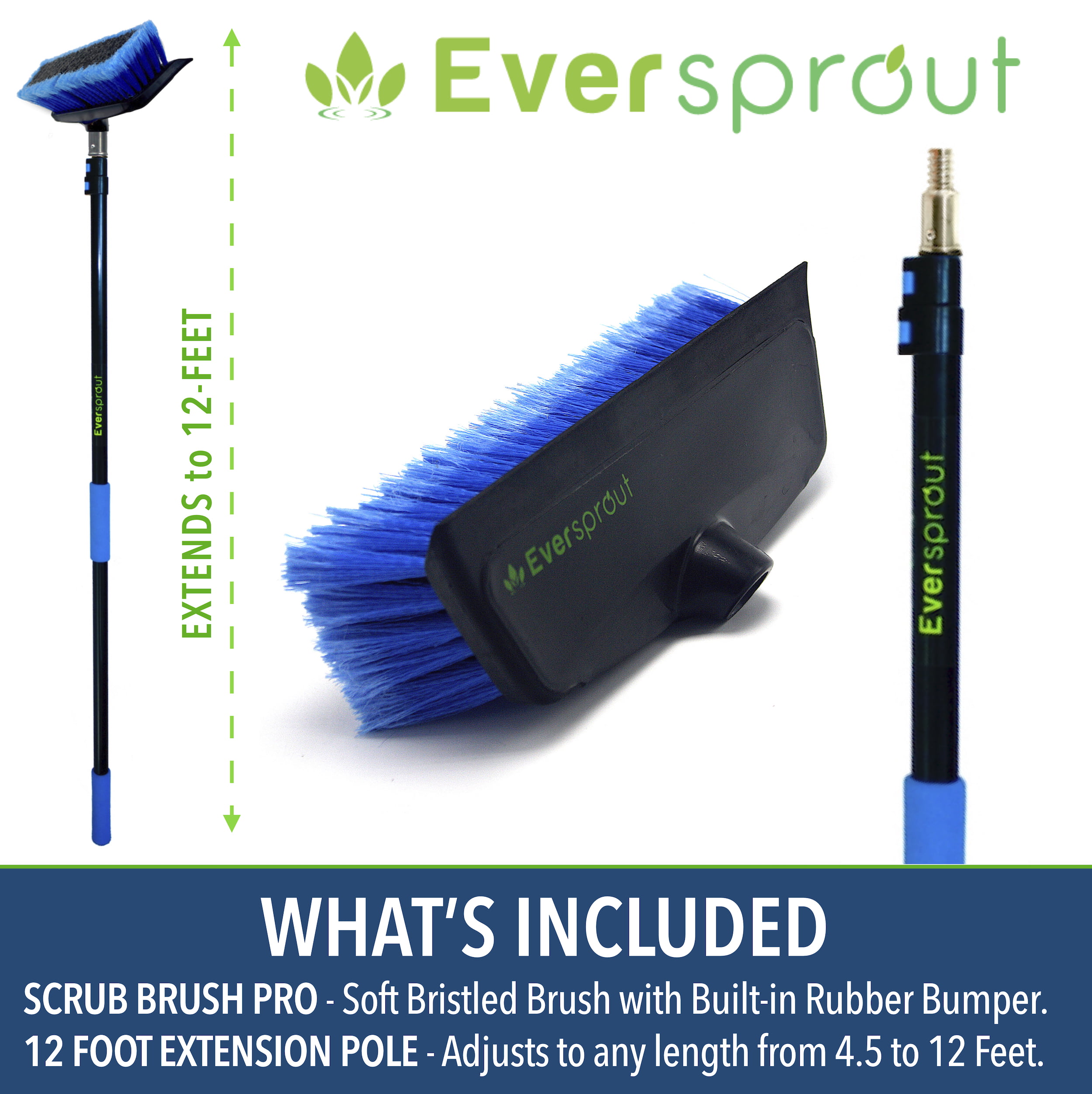 Eversprout 1.5-to-3 Foot Scrub Brush | Built-In Rubber Bumper | Lightweight Extension Pole Handle | Soft Bristles Wash Car, RV, Boat, Solar Panel, Dec