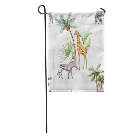 KDAGR Watercolor Tropical Pattern Zebra and Giraffe Stand Under Palm Garden Flag Decorative Flag House Banner 28x40 inch