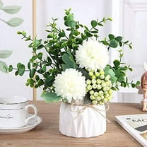 Artificial Flower Hydrangea and Small CeramicVase Fake Plant Eucalyptus Leaf Berry Flower Arrangement for Home Decoration (White)