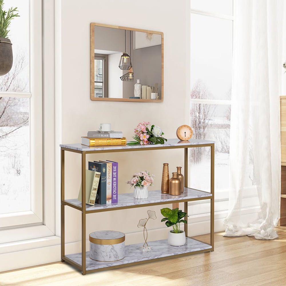 Kepooman 3-Layer Console Table, Gold Frame Veneer Sofa Entrance Table, Home Bookshelf, White Marble Kepooman 3-Layer Console Table, Gold Frame Veneer Sofa Entrance Table, Home Bookshelf, White Marble