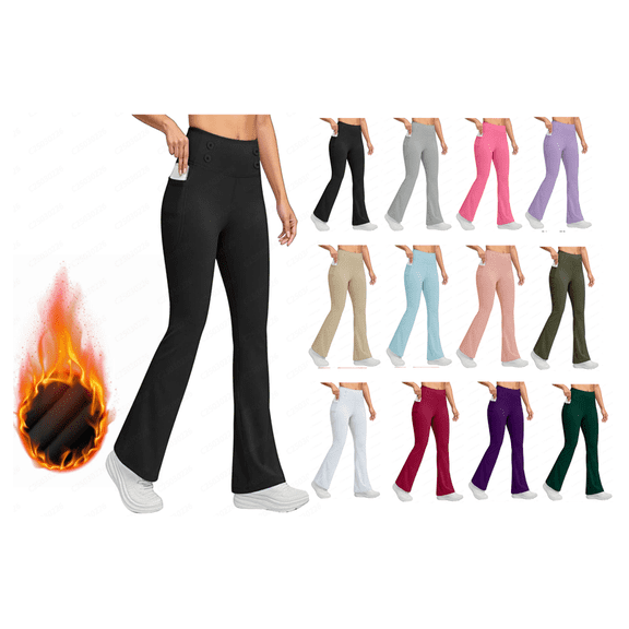 Dealovy Flare Leggings for Women Warm Fleece Lined Yoga Pants Solid Color Button Bootcut Athletic Trousers with Pockets