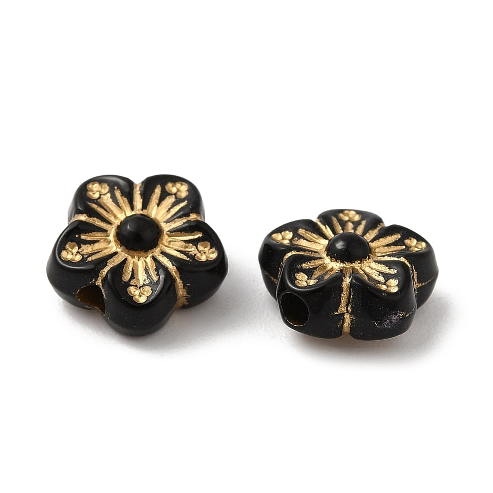 Plating Acrylic Beads Golden Metal Enlaced Flower Black 8.5x9x4.5mm Hole: 1.6mm about 3110pcs/500g