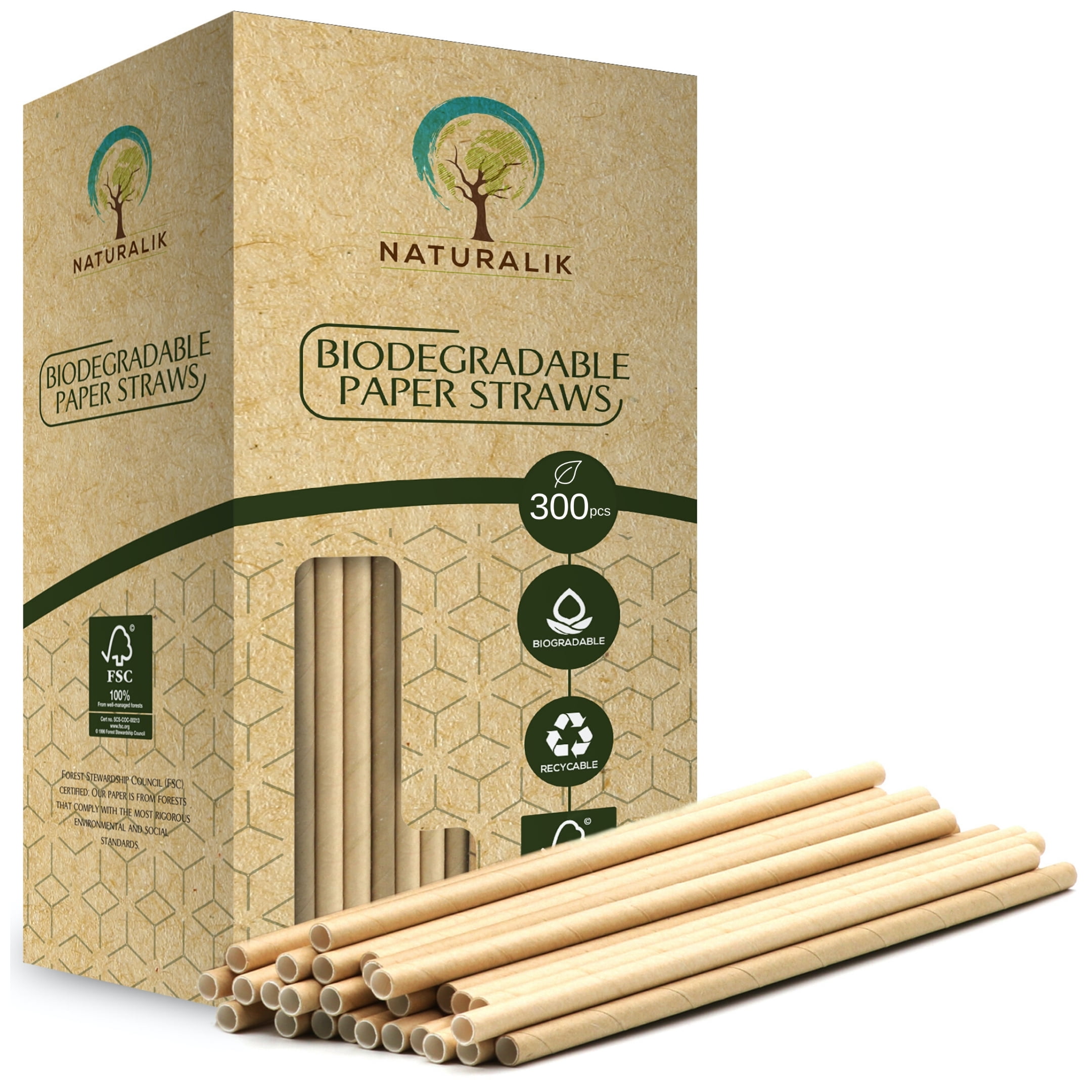 Naturalik 300-Pack Biodegradable Paper Straws Brown Kraft Dye-Free- Premium Eco-Friendly Paper Straws Bulk- Drinking Straws for Juices, Smoothies, Restaurants and Party Decorations, 7.7' (Brown Kraft)