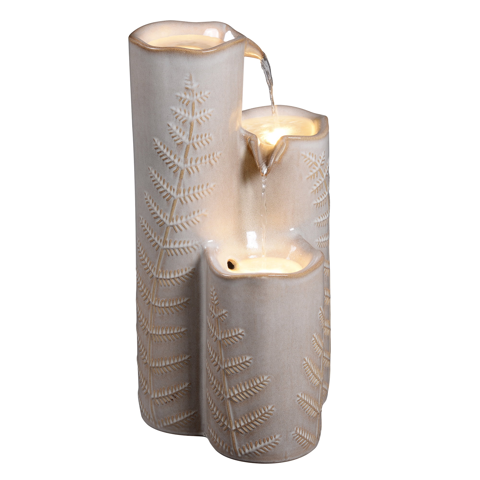 Triple Column Ivory Ceramic Fountain, Decorative Water Fountain with LED Lights and Quiet Pump, Indoor Outdoor Water Feature for Patio, Garden, Deck, Balcony, Office and Home Décor